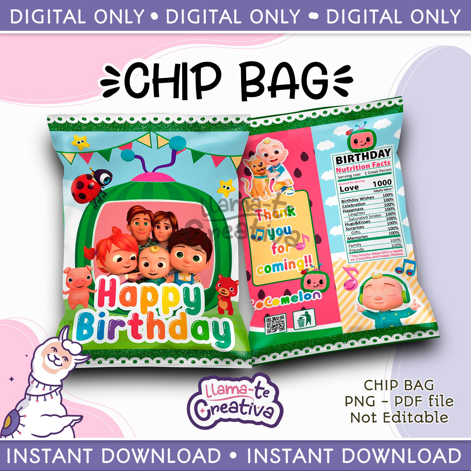 PORTADA COCOMELON Cocomelon Chip Bag, Instant Download, not editable - Image 1