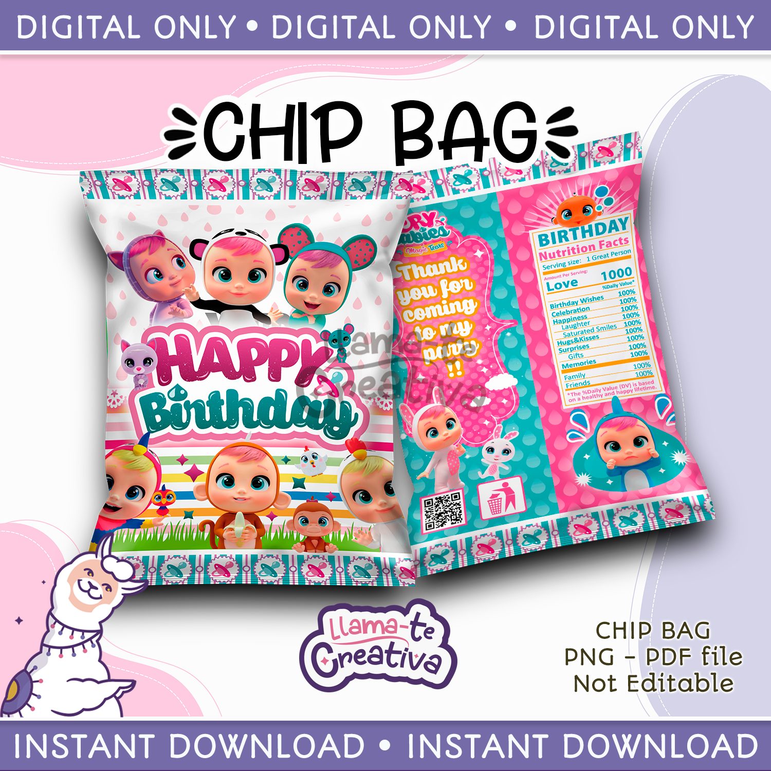 PORTADA CRY BABIES Cry Babies Chip Bag, Instant Download, not editable - Image 1