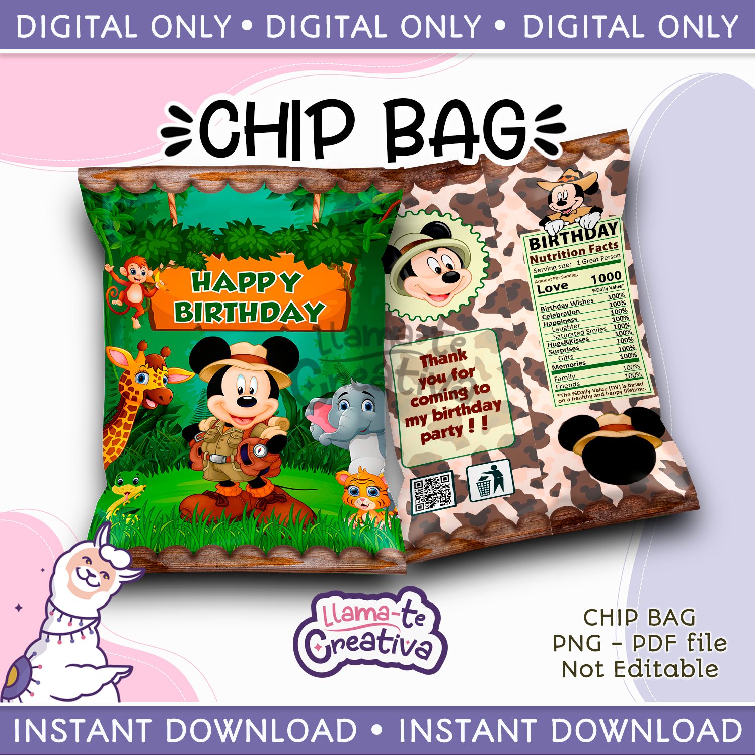 MICKEY SAFARI PORTADA Mickey Safari Chip Bag, Instant Download, not editable - Image 1