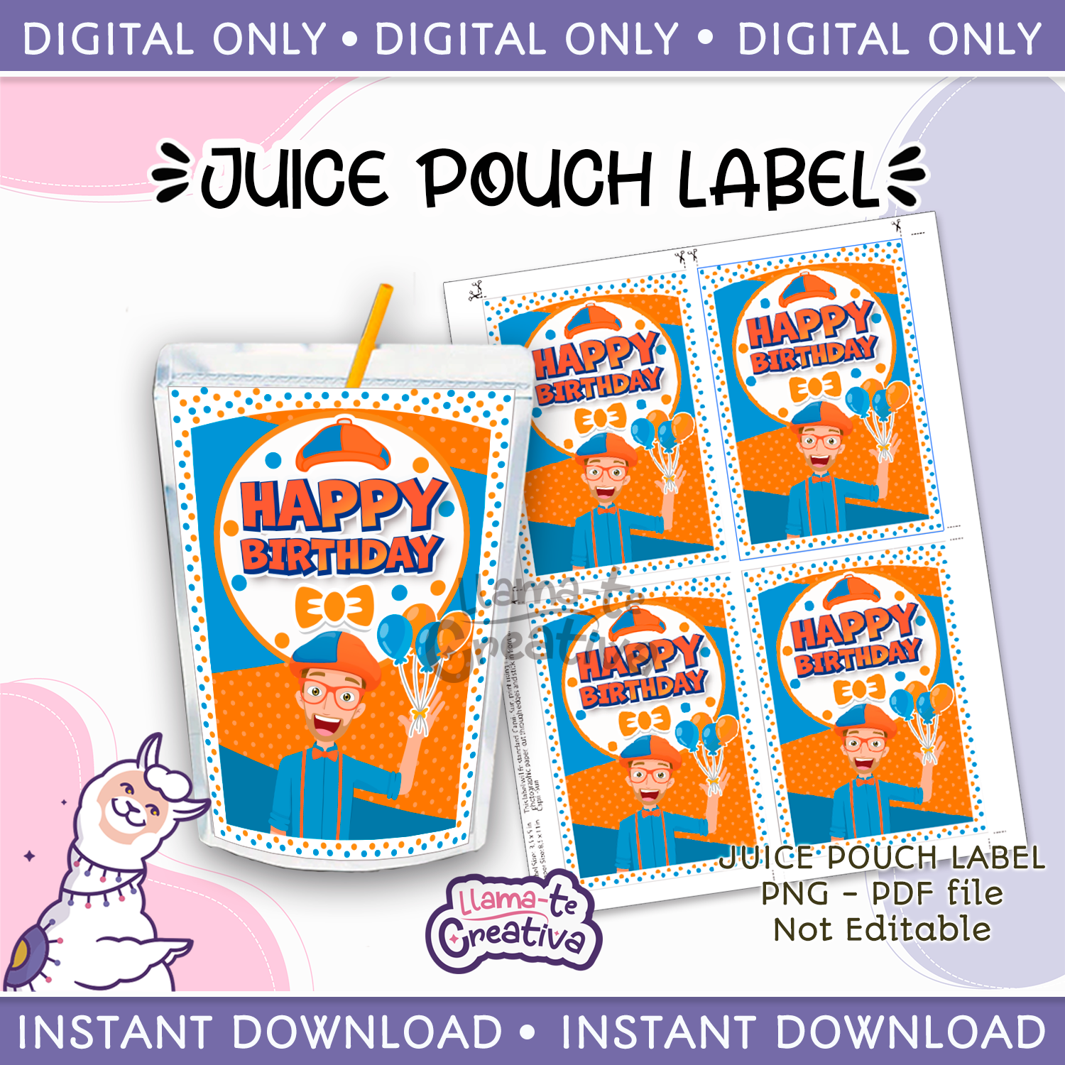 BLIPPI PORTADA Blippi juice pouch bag label, Capri sun, Instant Download, not editable - Image 1