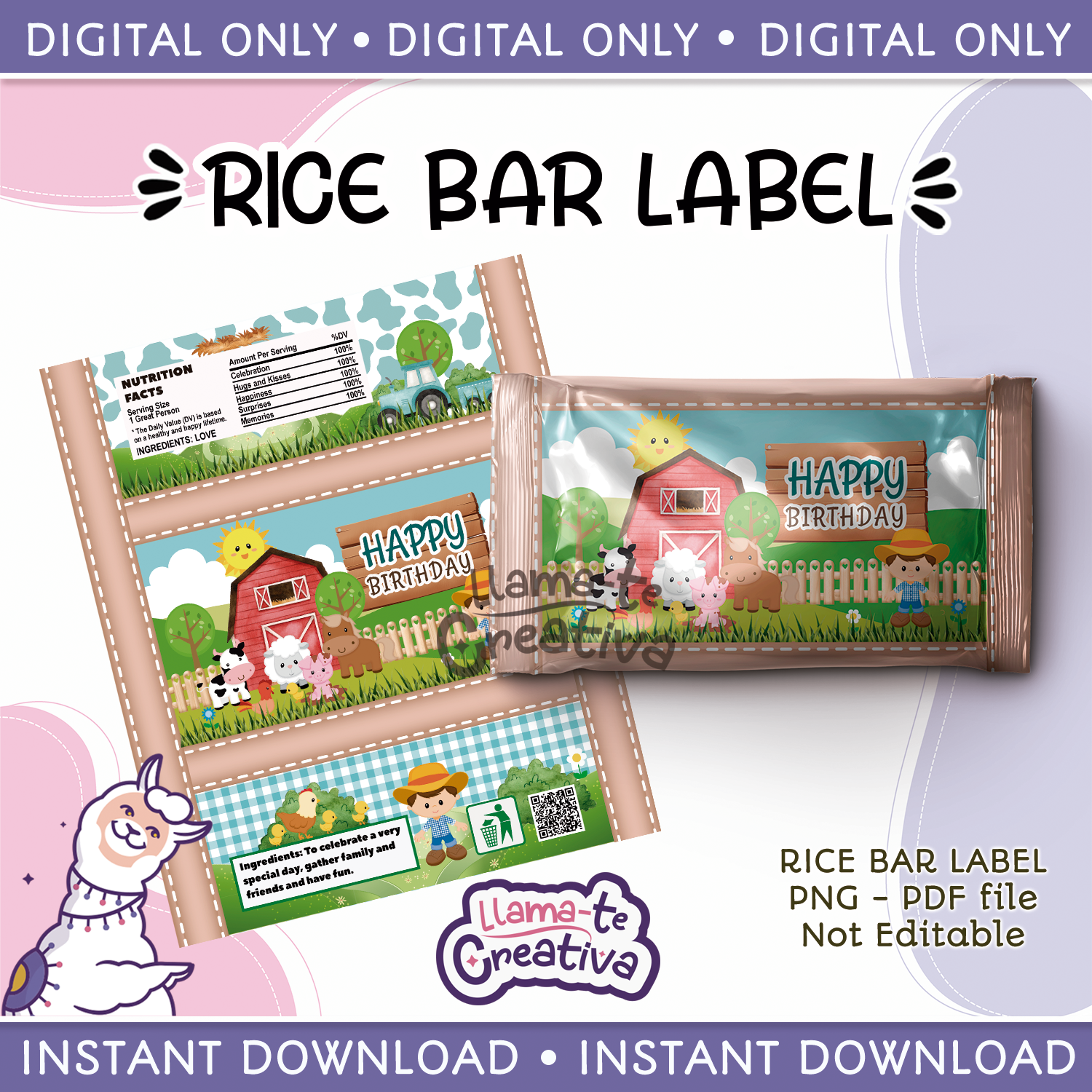 PORTADA Farm Boy Rice Bar Label Digital Printable, Instant download, not editable - Imagen 1