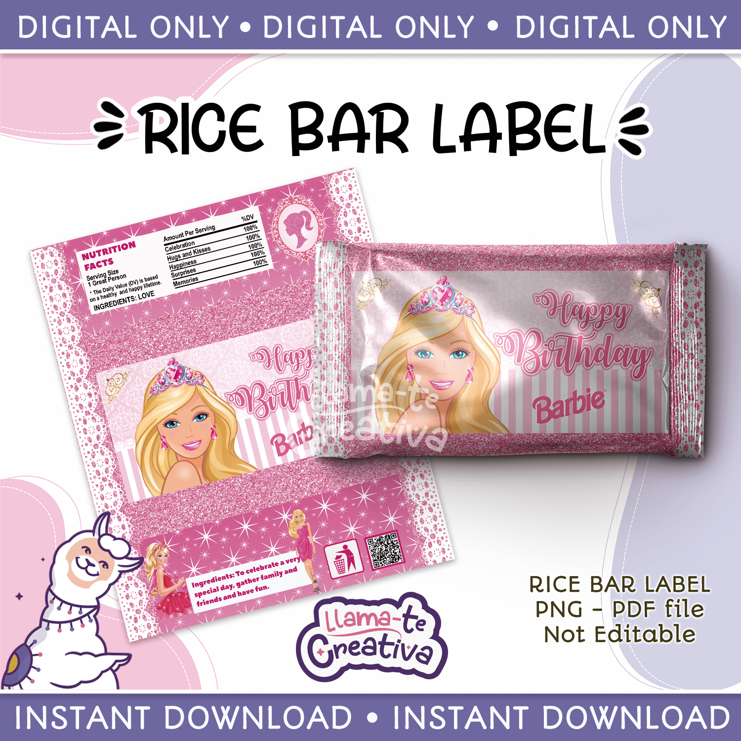 PORTADA Barbie Rice Bar Label Digital Printable, Instant download, not editable - Imagen 1