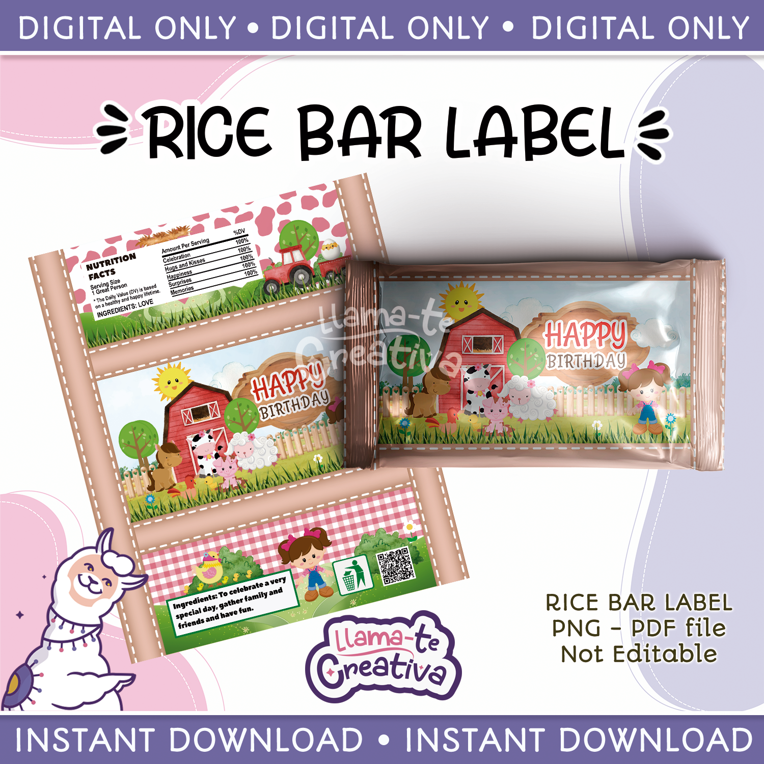 PORTADA Farm Girl Rice Bar Label Digital Printable, Instant download, not editable - Image 1