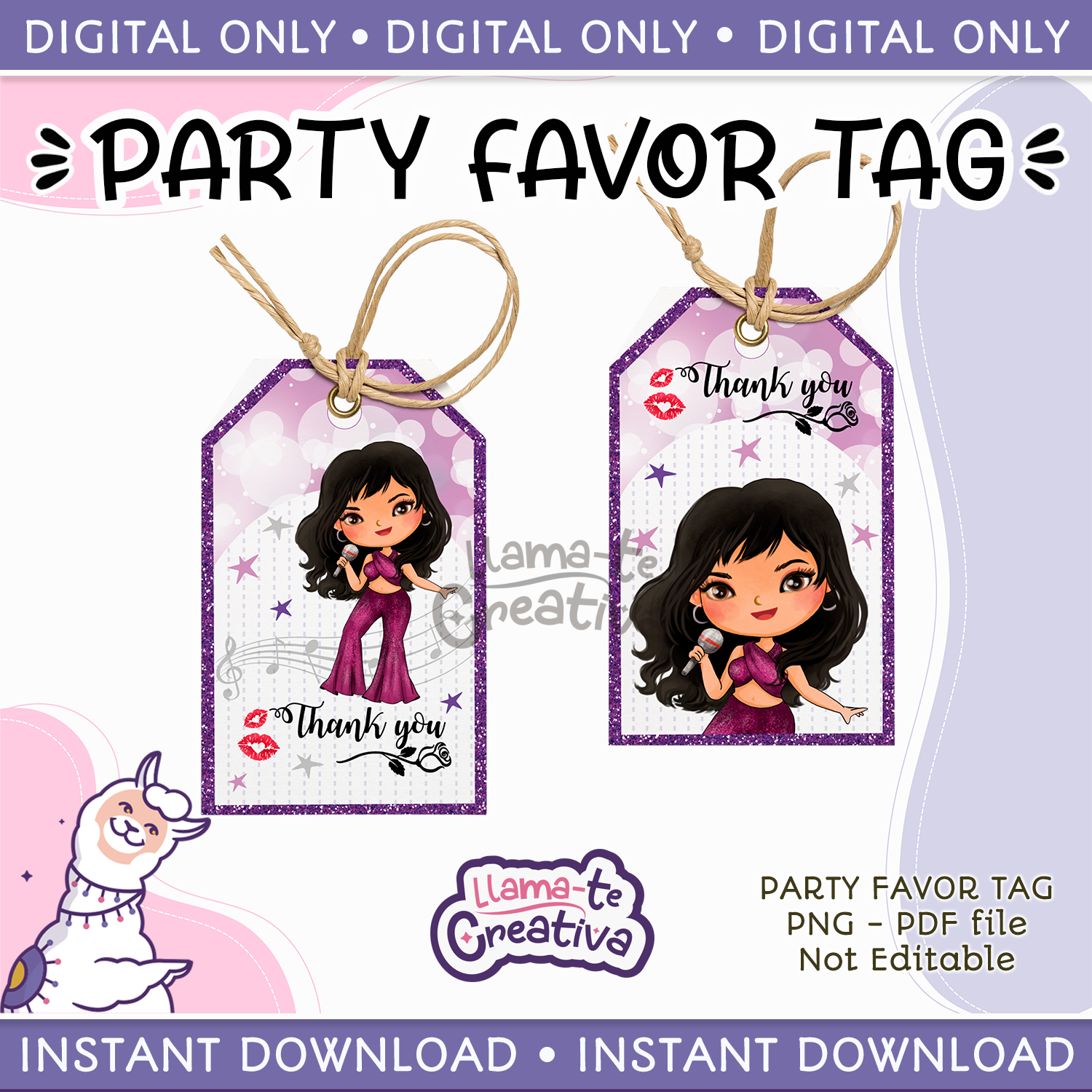 PUBLICIDAD Two Selena Quintanilla Birthday Party Favor Tags, Instant Download, not editable - Image 1