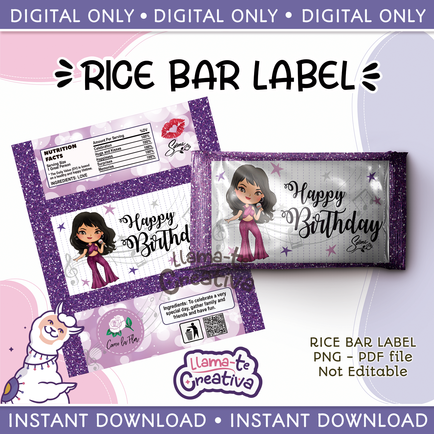 PUBLICIDAD Selena Quintanilla Rice Bar Label Digital Printable, Instant Download, not editable - Imagen 1
