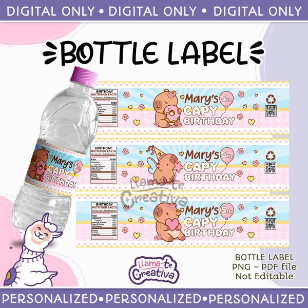 Capybara bottle label, Digital printable, Personalized, not editable - Imagen 1