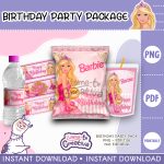 Barbie Party Pack, Chip Bag, Bottle label and juice pouch bag label, instant download, not editable
