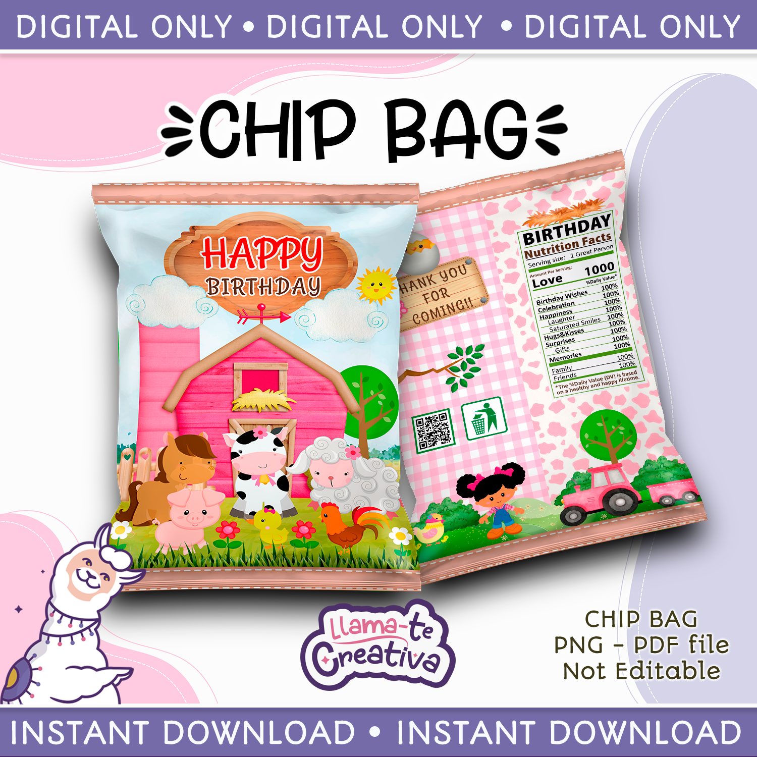 FARM GIRL PINK PUBLICIDAD Farm Girl Pink Chip Bag, Instant Download, not editable - Image 1