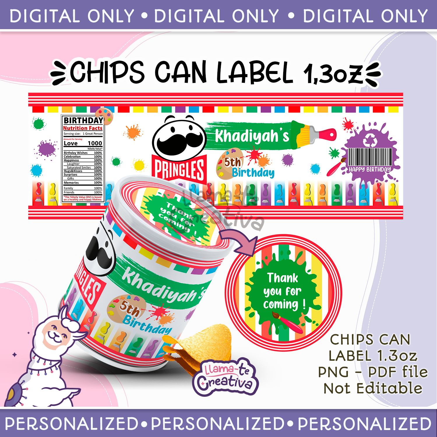 RAINBOW PAINT PORTADA Rainbow Paint Chips Can 1.3oz Pringles Snack Labels & Wrap, Chip Can Label, Personalized, not editable - Image 1