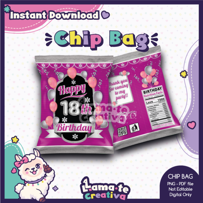 Happy 18th Birthday Party Pack | Chip Bag, Bottle Label & Juice Pouch | Instant Download - Image 2