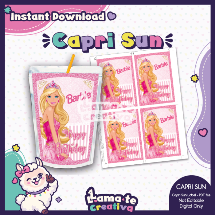 Barbie Party Pack | Chip Bag, Bottle Label & Juice Pouch - Image 3