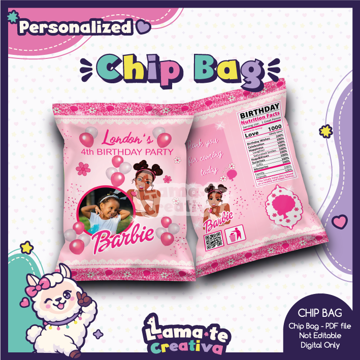 PORTADA-BARBIE-MOD3 Barbie Chip Bag Model 03 | Personalized with Photo | Birthday Party Favor - Image 1