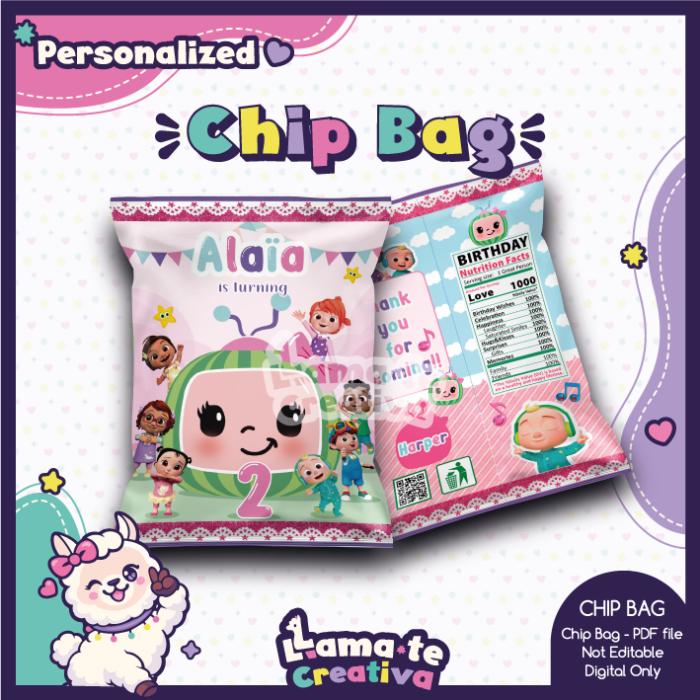 Girl Cocomelon Party Pack | Chip Bag, Bottle Label & Juice Pouch | Personalized - Image 2