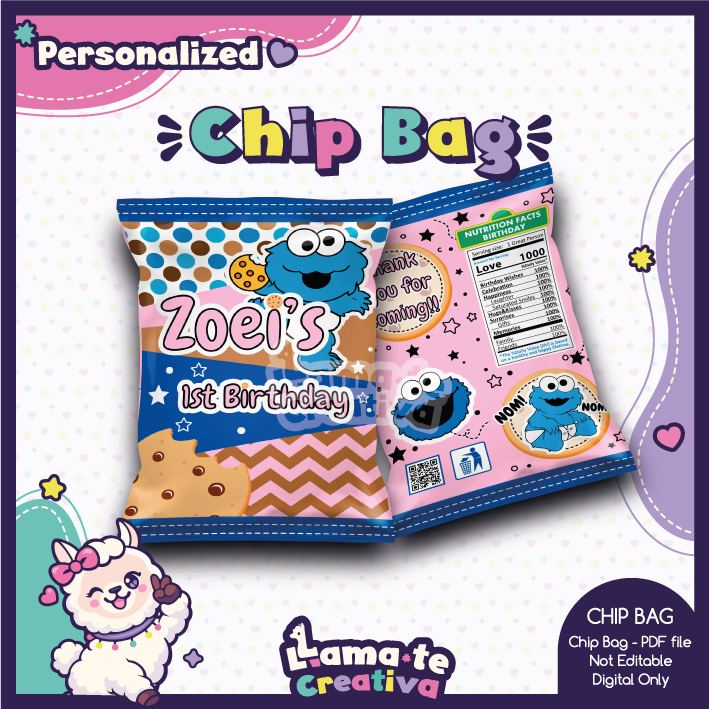 PORTADA-COOKIE-MONSTER-GIRL Cookie Monster Girl Chip Bag | Personalized Birthday Party Favor - Image 1