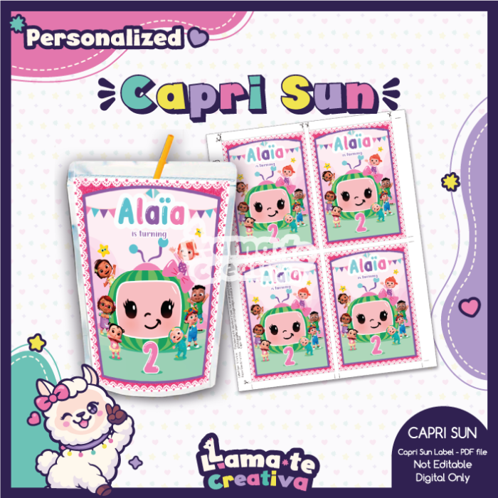 Girl Cocomelon Party Pack | Chip Bag, Bottle Label & Juice Pouch | Personalized - Image 3