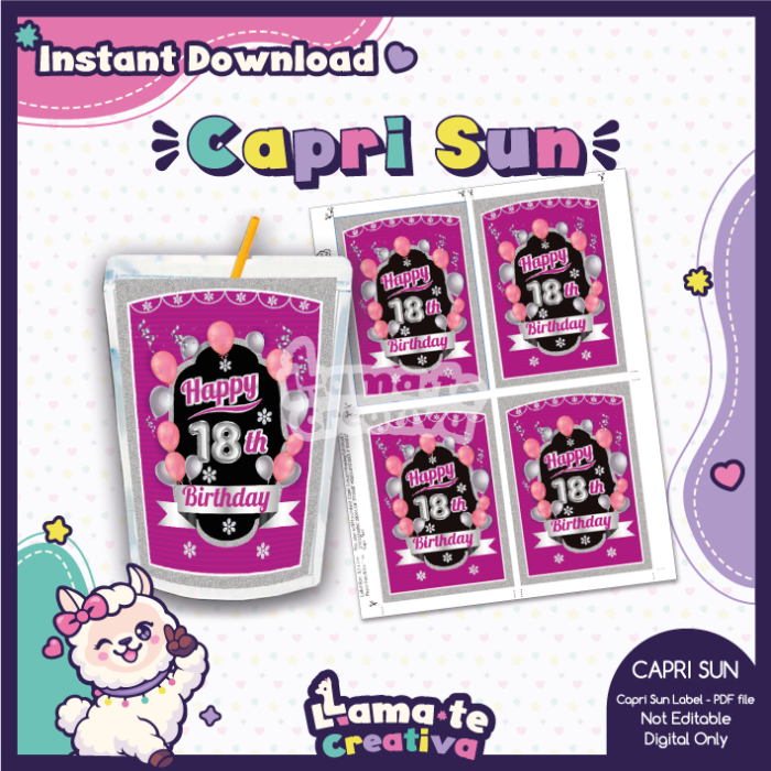 Happy 18th Birthday Party Pack | Chip Bag, Bottle Label & Juice Pouch | Instant Download - Image 3