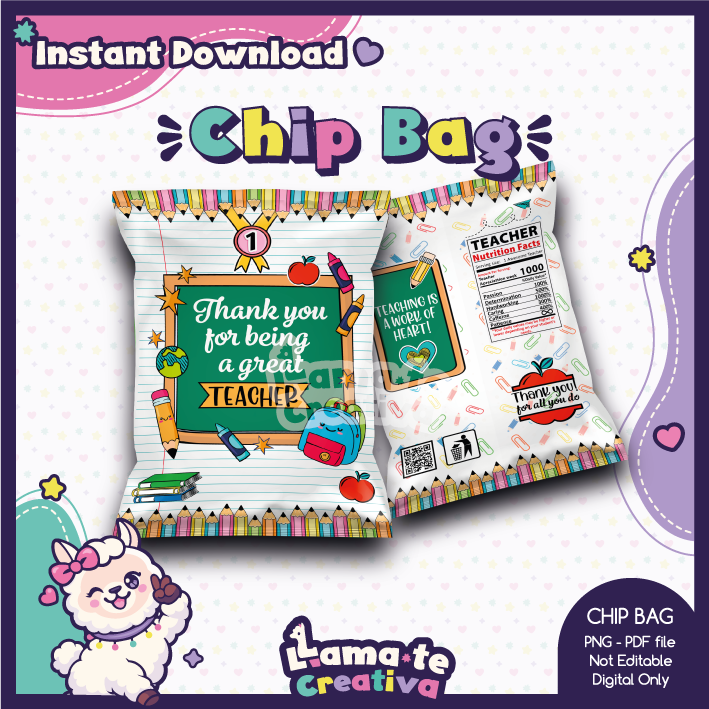 Teacher Appreciation Chip Bag | Printable School Favor | Instant Download